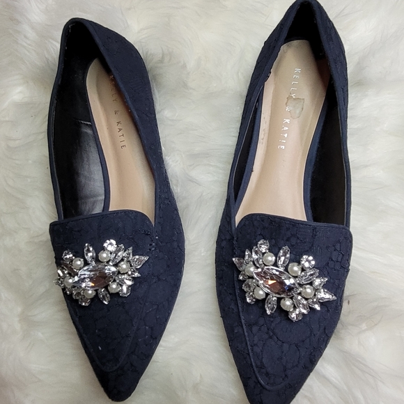 Katie and Kelly Lovelian Flats, Navy Blue, Jeweled Pearl Brooch, Slip on Loafers - Picture 5 of 11